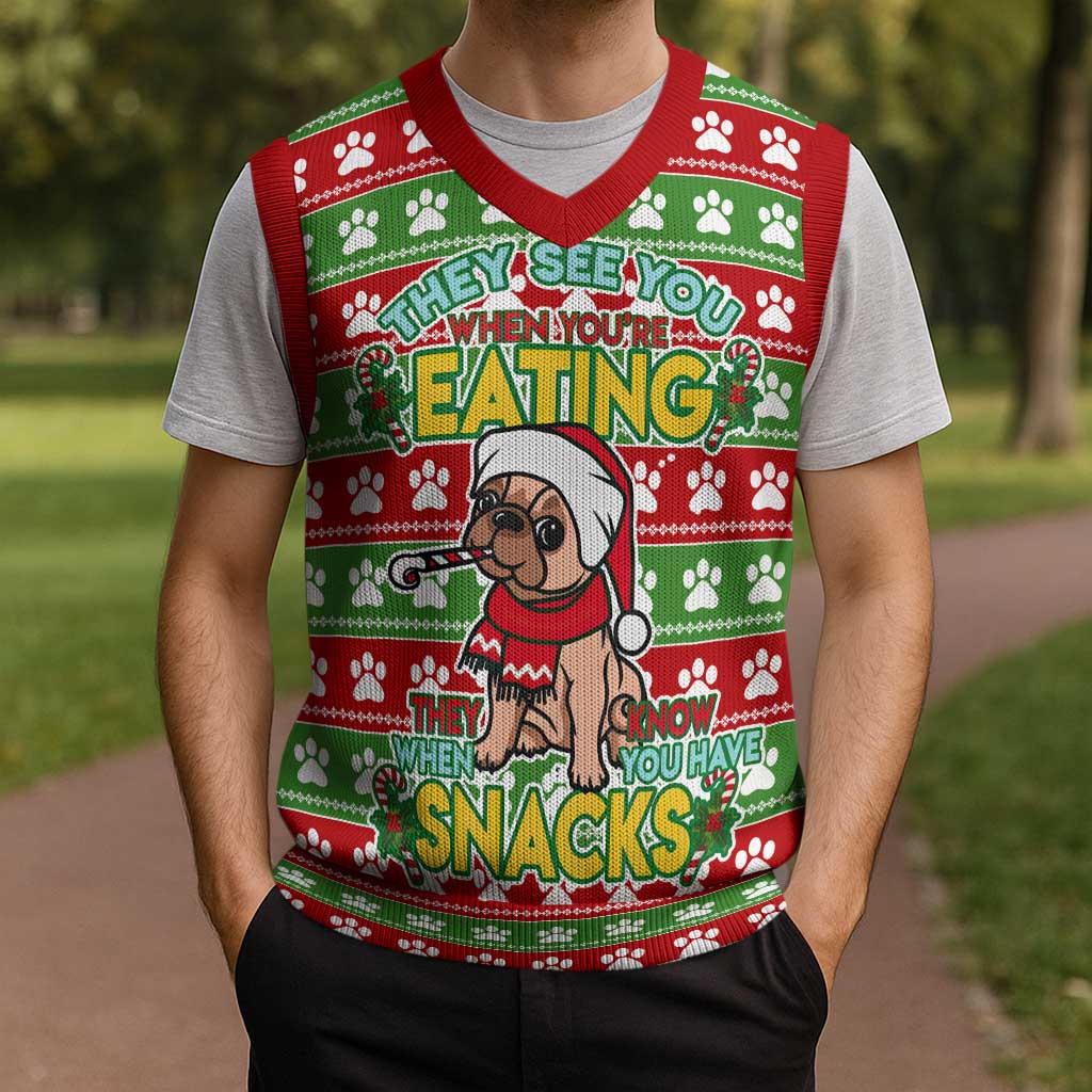 French Bulldog See You Eating Snacks Christmas Knitted V-Neck Vest Xmas Holiday Patterns - Wonder Print Shop