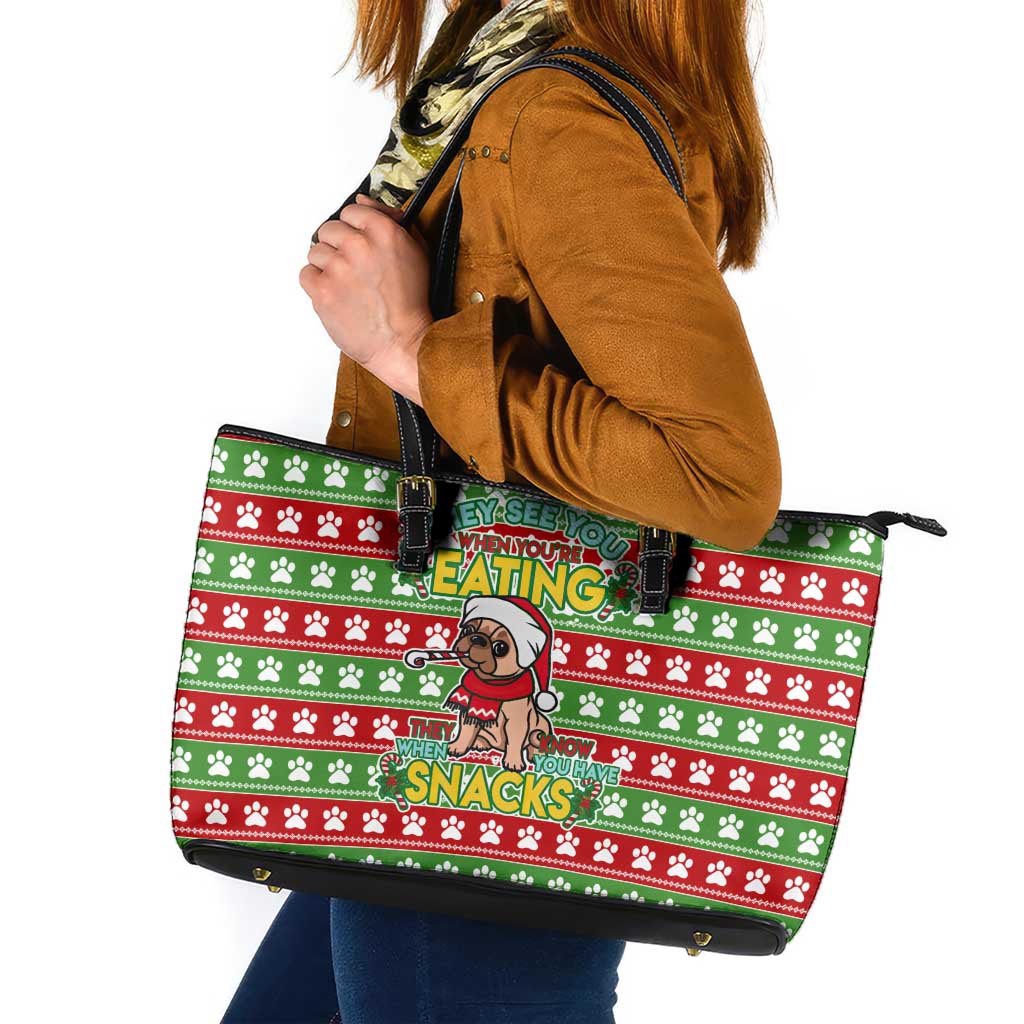 French Bulldog See You Eating Snacks Christmas Leather Tote Bag Xmas Holiday Patterns - Wonder Print Shop