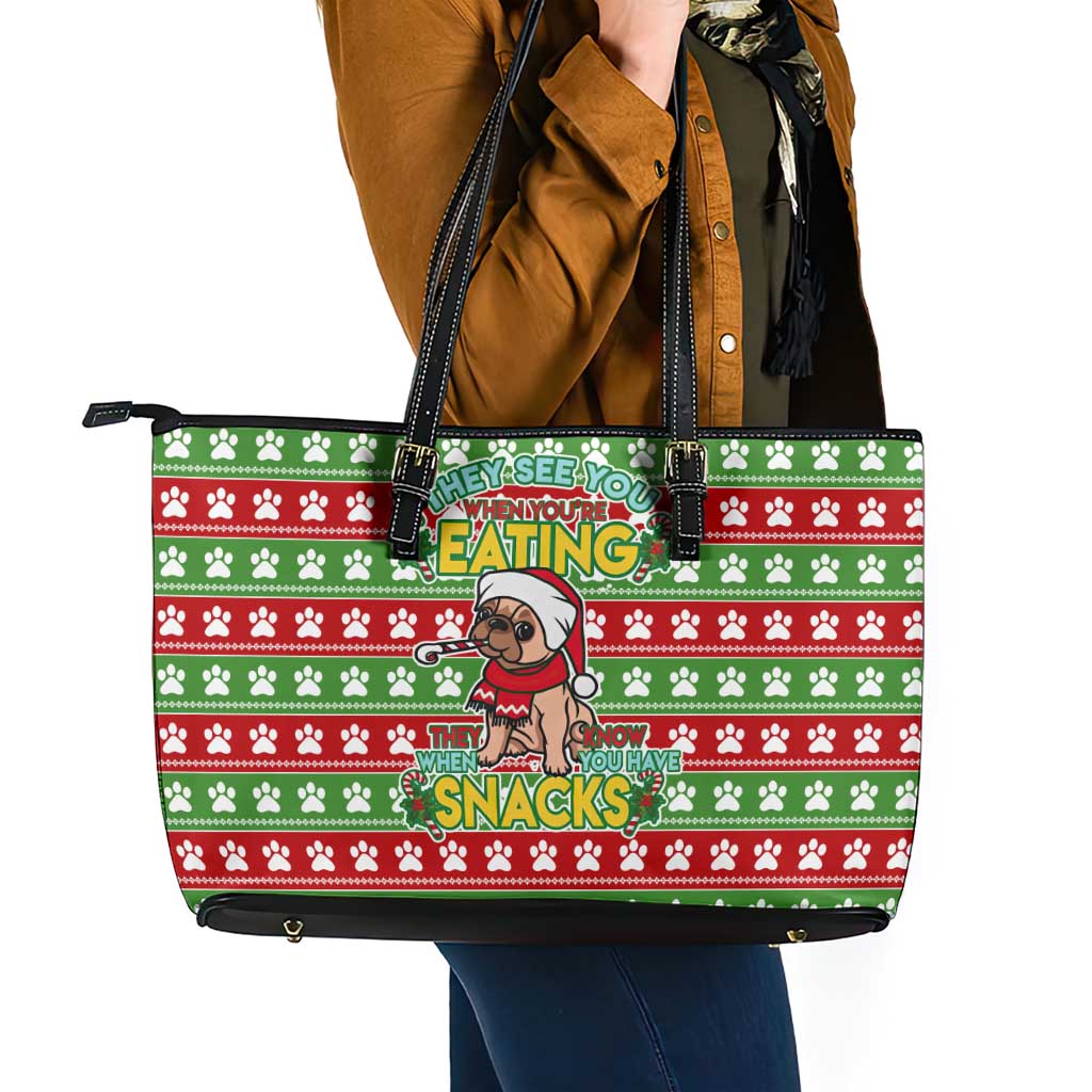 French Bulldog See You Eating Snacks Christmas Leather Tote Bag Xmas Holiday Patterns - Wonder Print Shop