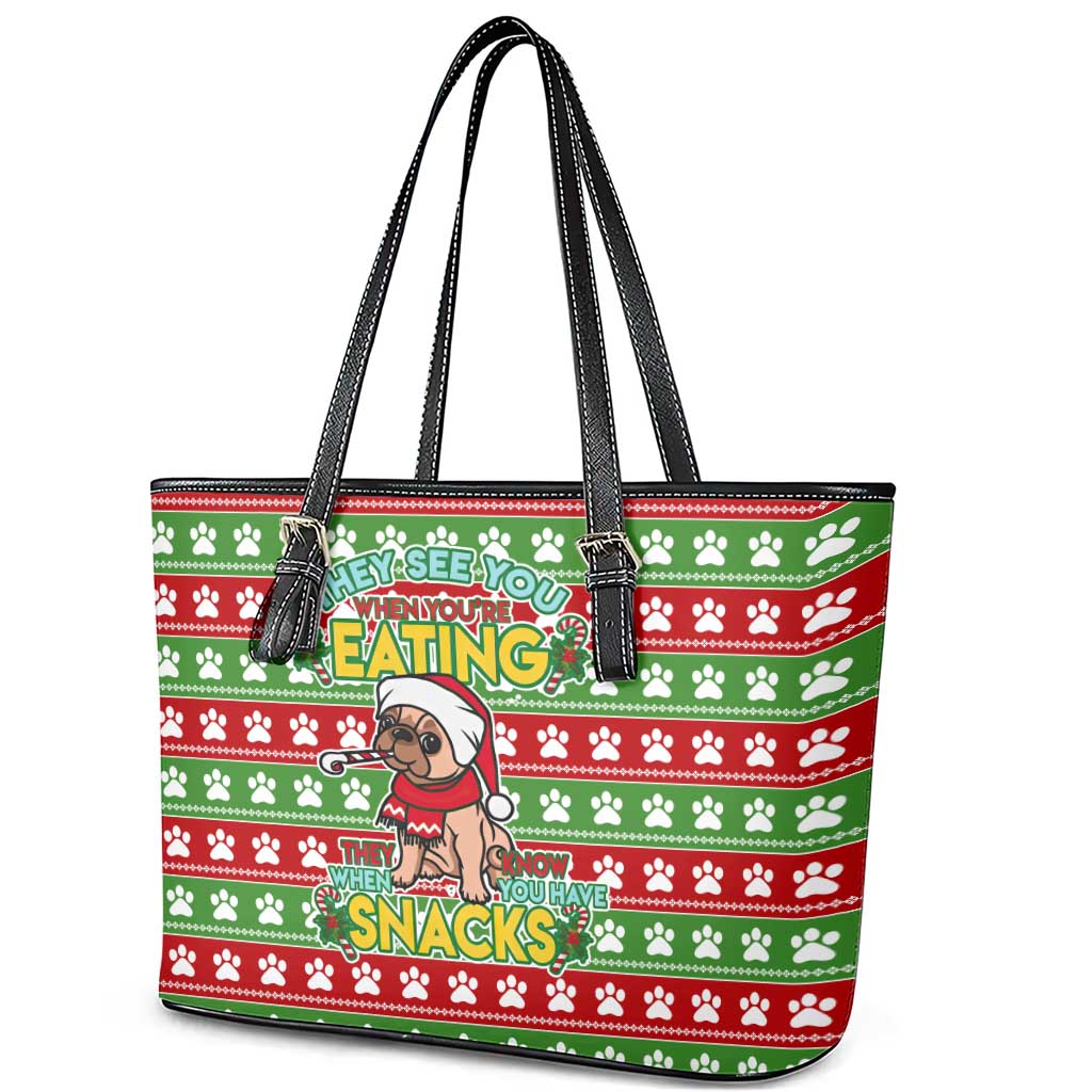 French Bulldog See You Eating Snacks Christmas Leather Tote Bag Xmas Holiday Patterns - Wonder Print Shop
