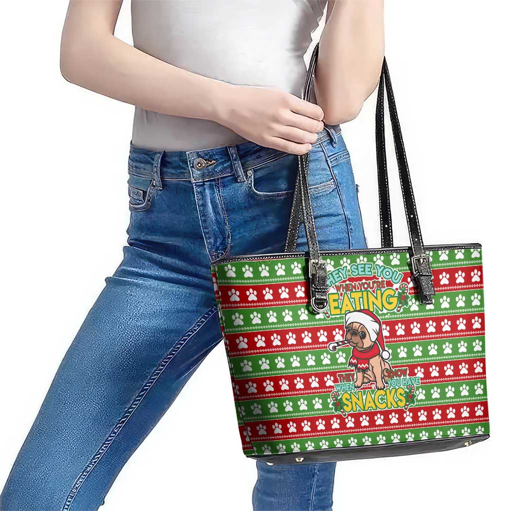 French Bulldog See You Eating Snacks Christmas Leather Tote Bag Xmas Holiday Patterns - Wonder Print Shop