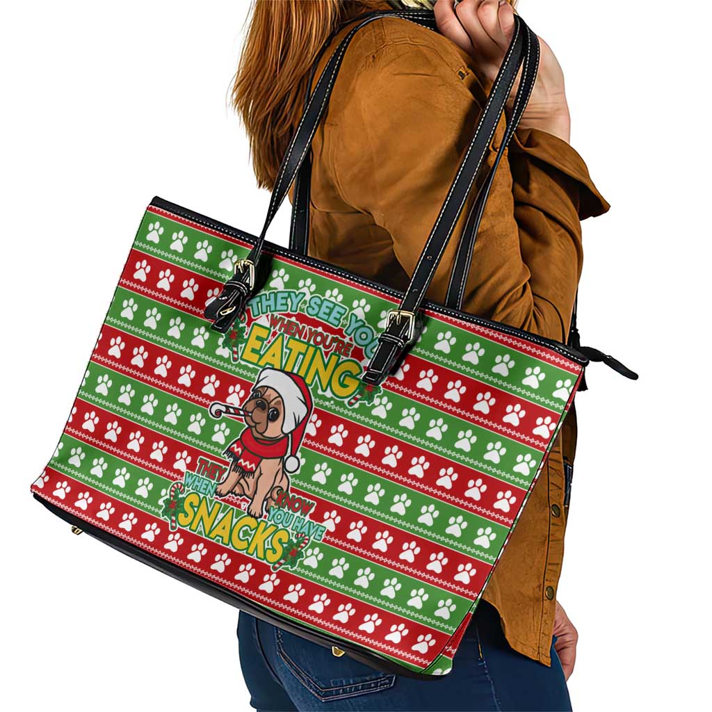 French Bulldog See You Eating Snacks Christmas Leather Tote Bag Xmas Holiday Patterns - Wonder Print Shop