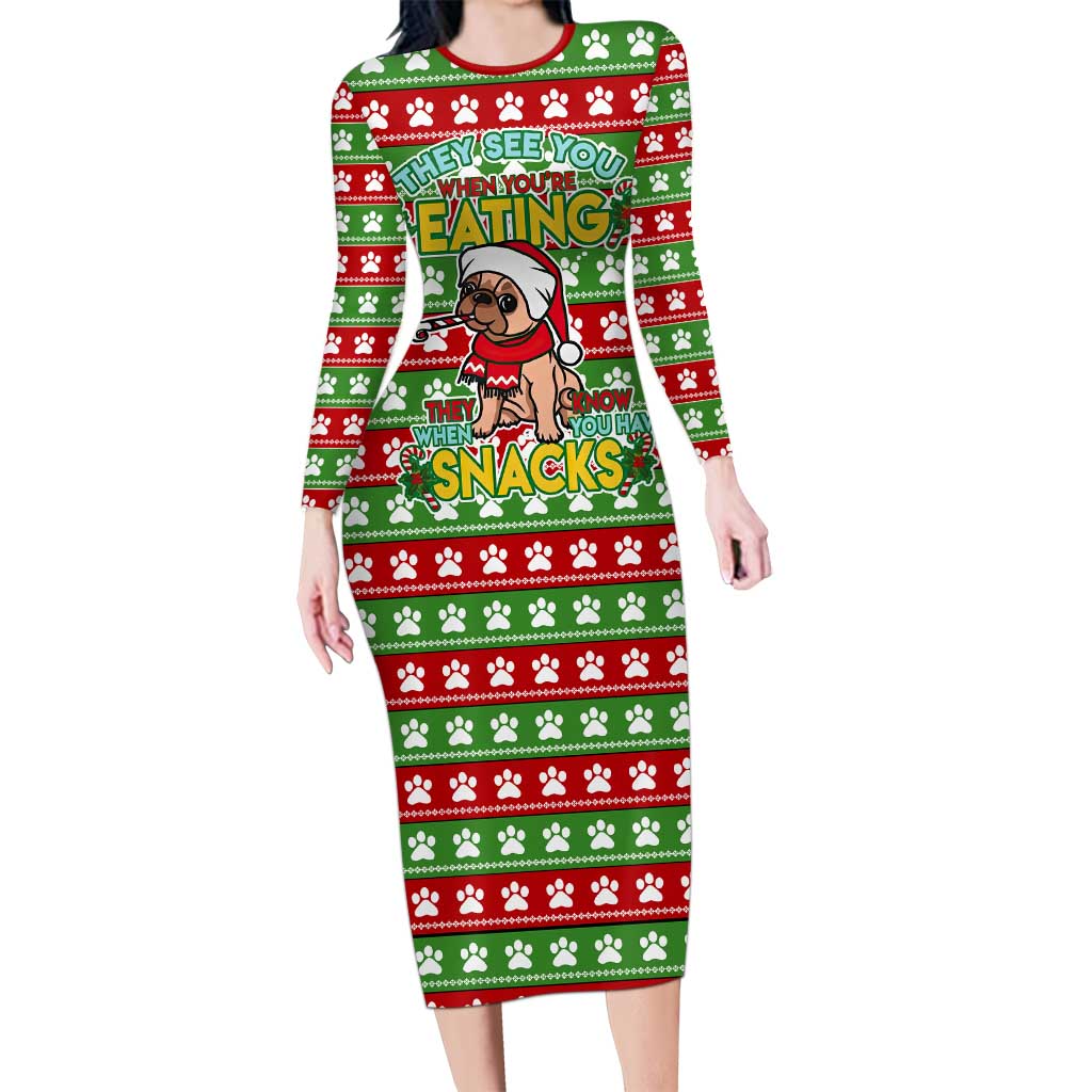 French Bulldog See You Eating Snacks Christmas Long Sleeve Bodycon Dress Xmas Holiday Patterns - Wonder Print Shop