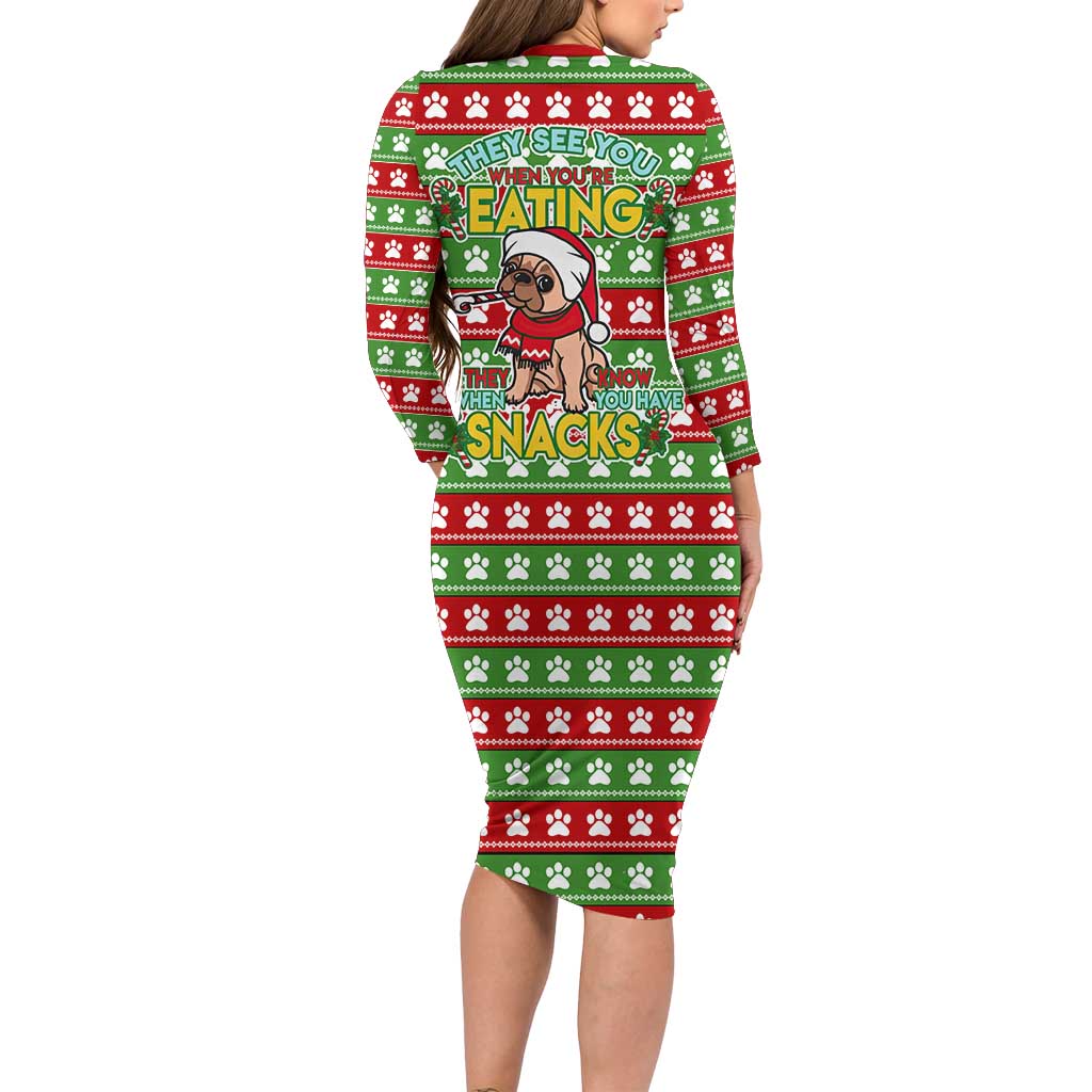 French Bulldog See You Eating Snacks Christmas Long Sleeve Bodycon Dress Xmas Holiday Patterns - Wonder Print Shop