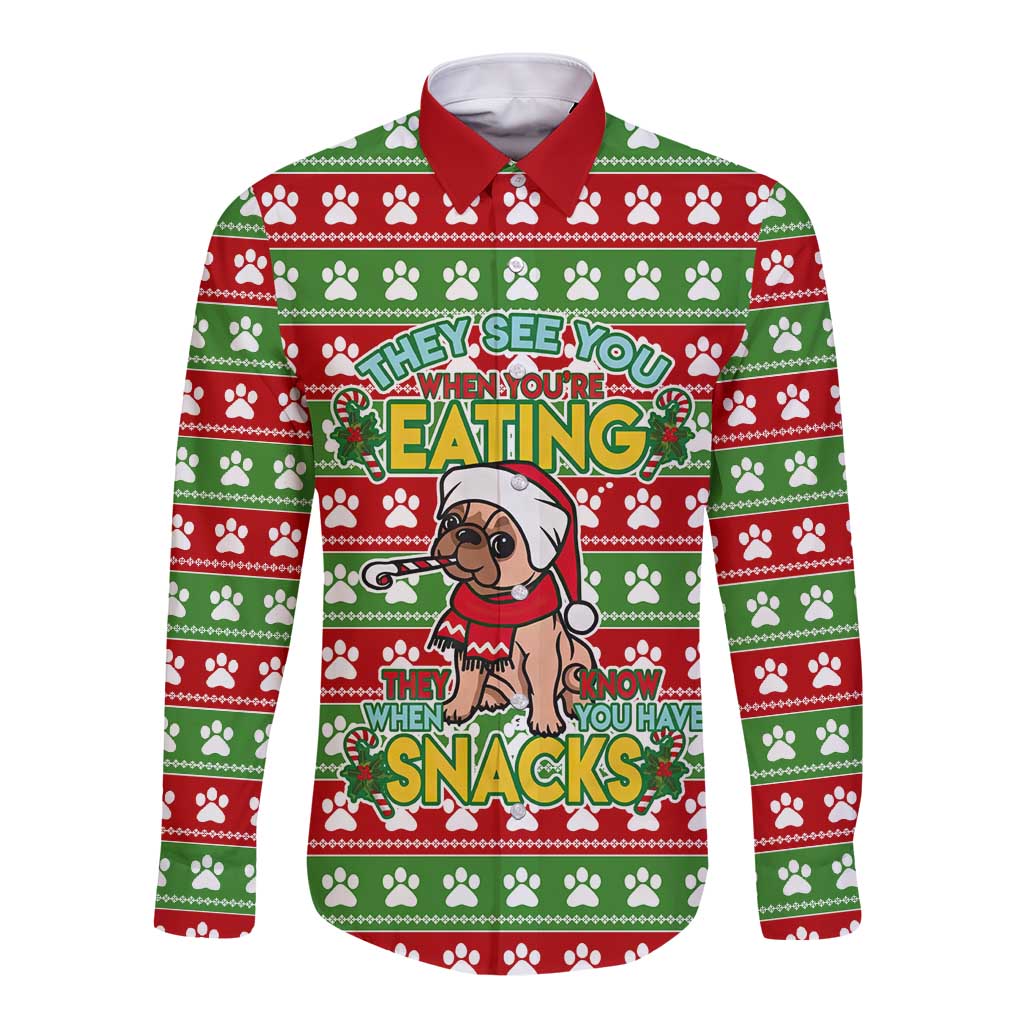 French Bulldog See You Eating Snacks Christmas Long Sleeve Button Shirt Xmas Holiday Patterns - Wonder Print Shop