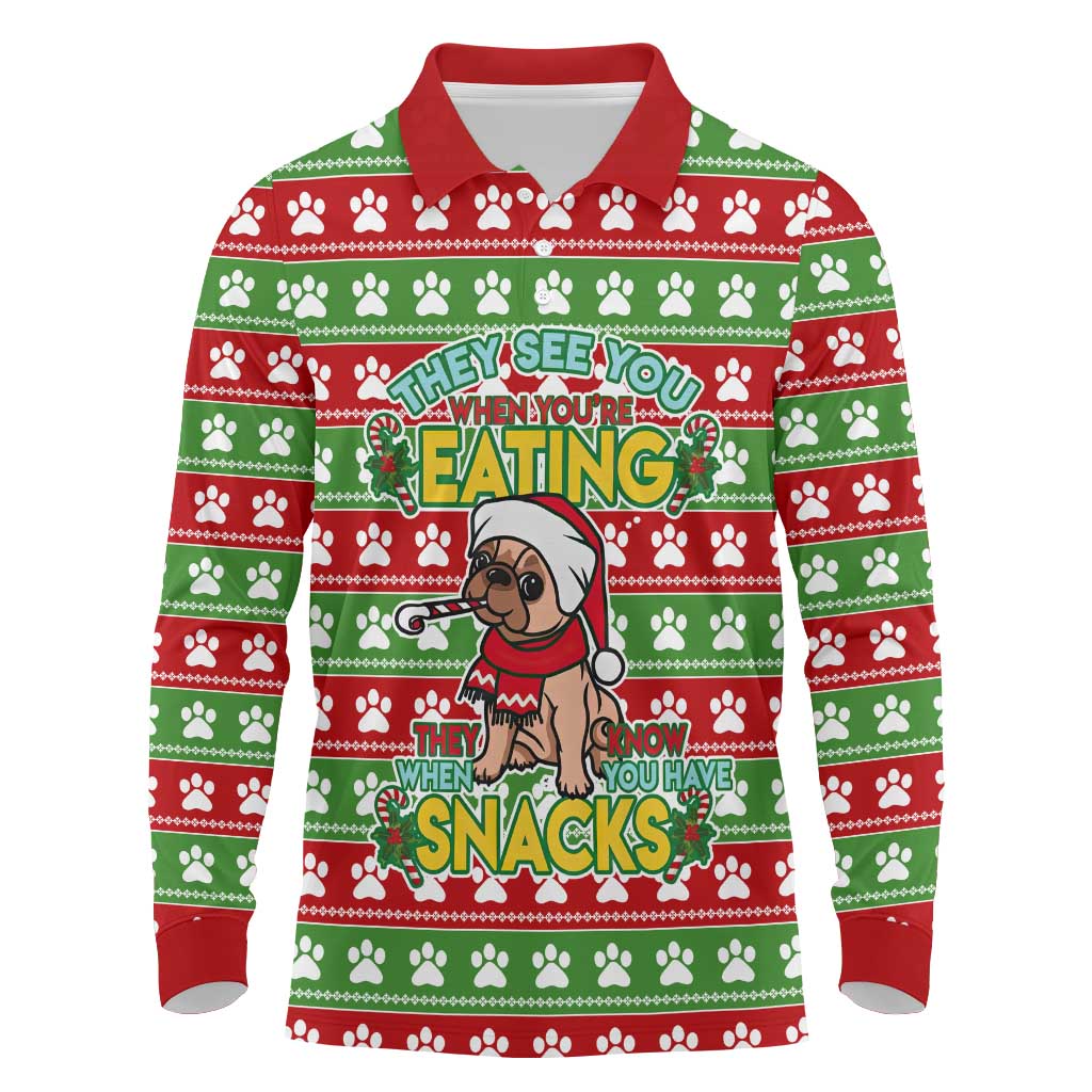 French Bulldog See You Eating Snacks Christmas Long Sleeve Polo Shirt Xmas Holiday Patterns - Wonder Print Shop