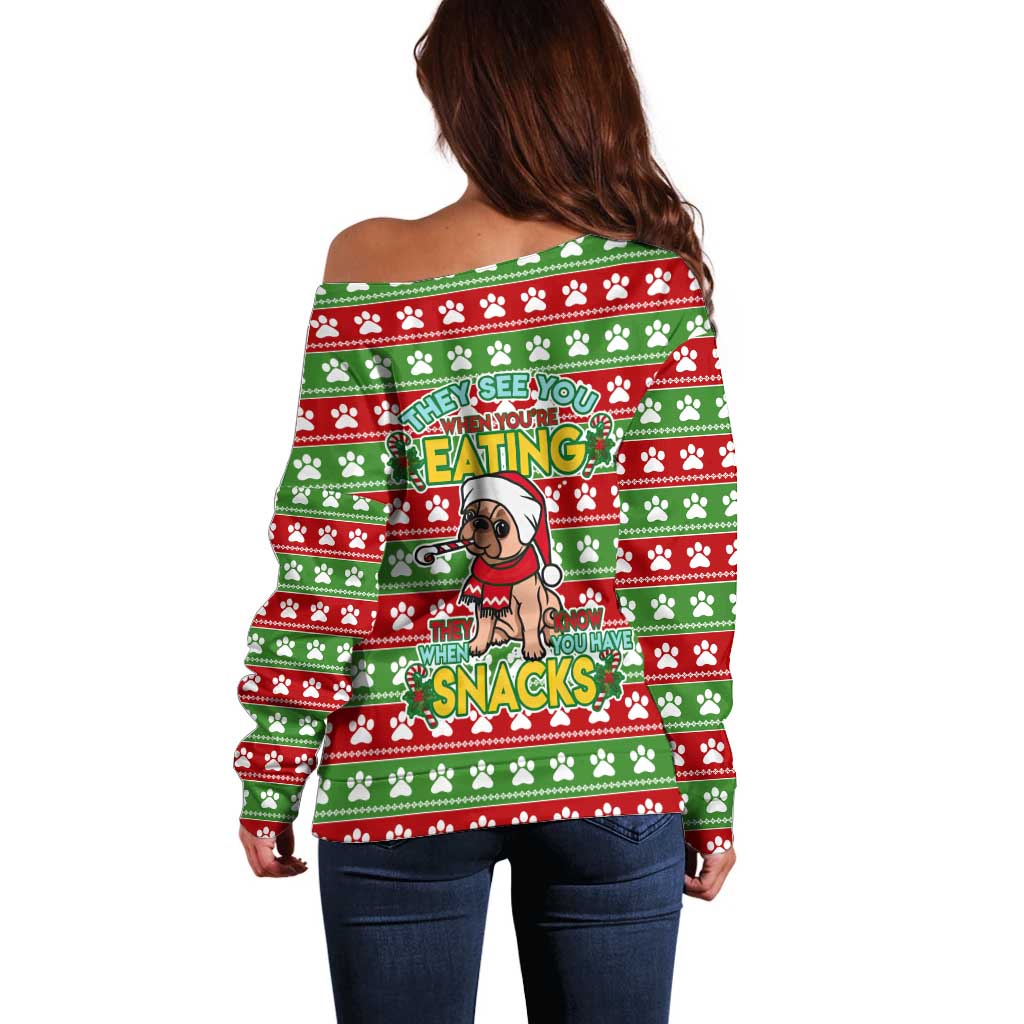 French Bulldog See You Eating Snacks Christmas Off Shoulder Sweater Xmas Holiday Patterns - Wonder Print Shop