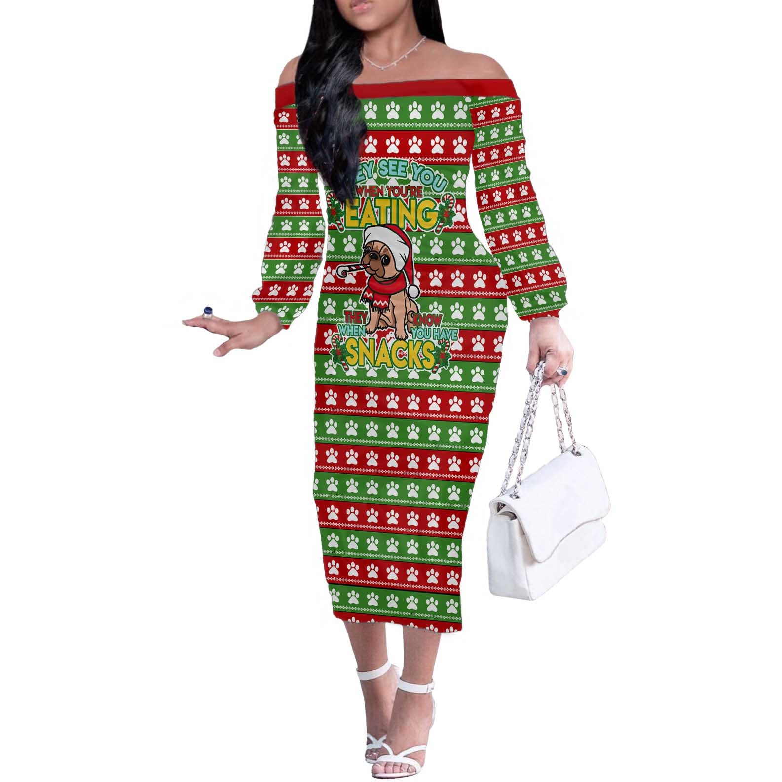 French Bulldog See You Eating Snacks Christmas Off The Shoulder Long Sleeve Dress Xmas Holiday Patterns - Wonder Print Shop