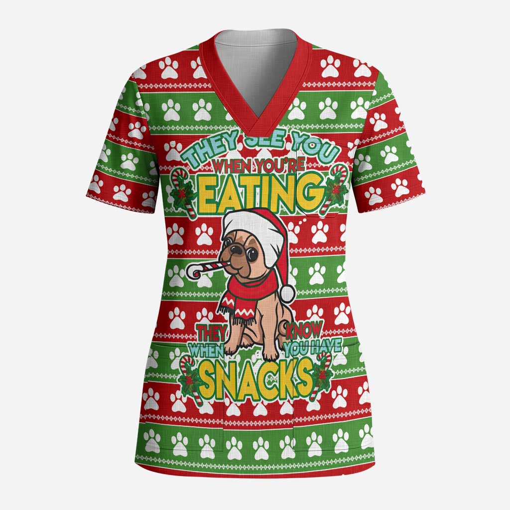 French Bulldog See You Eating Snacks Christmas Scrub Top Xmas Holiday Patterns - Wonder Print Shop