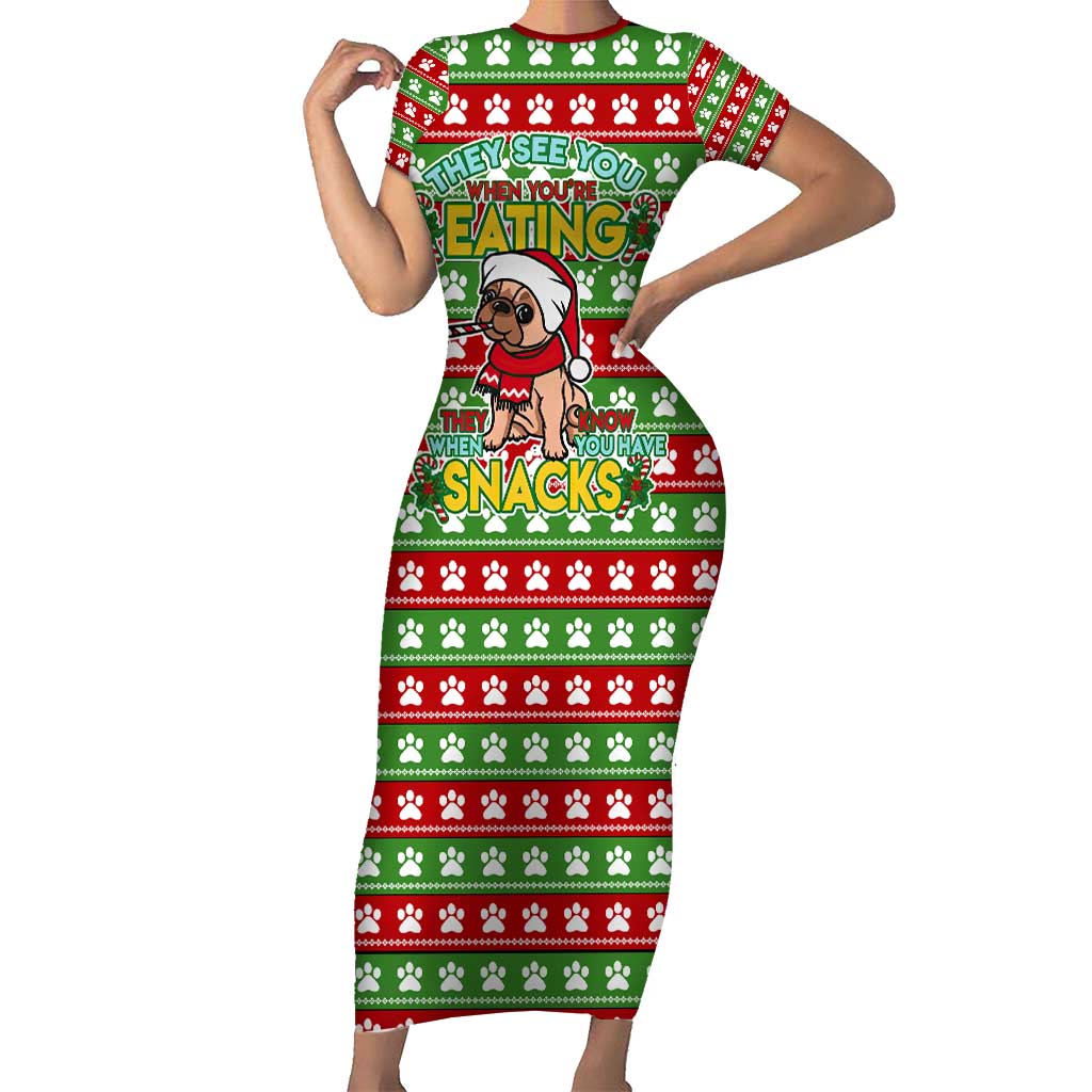 French Bulldog See You Eating Snacks Christmas Short Sleeve Bodycon Dress Xmas Holiday Patterns - Wonder Print Shop