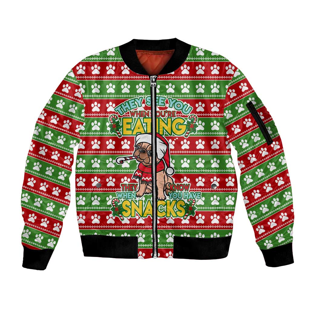 French Bulldog See You Eating Snacks Christmas Sleeve Zip Bomber Jacket Xmas Holiday Patterns - Wonder Print Shop