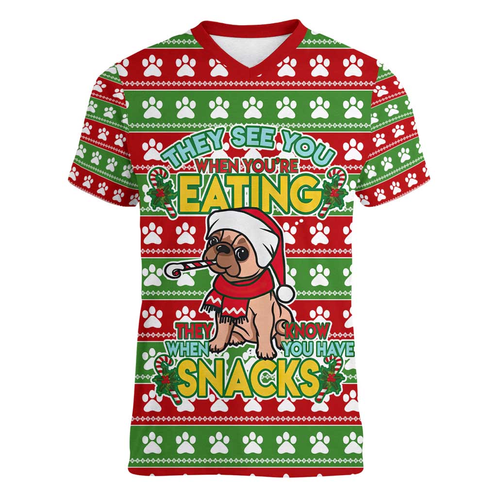 French Bulldog See You Eating Snacks Christmas Women V-Neck T-Shirt Xmas Holiday Patterns - Wonder Print Shop
