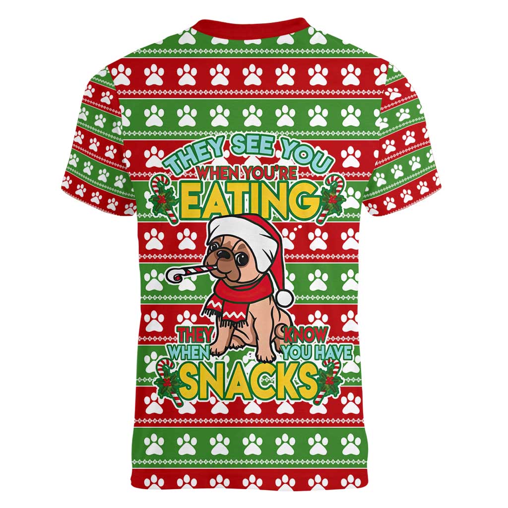 French Bulldog See You Eating Snacks Christmas Women V-Neck T-Shirt Xmas Holiday Patterns - Wonder Print Shop