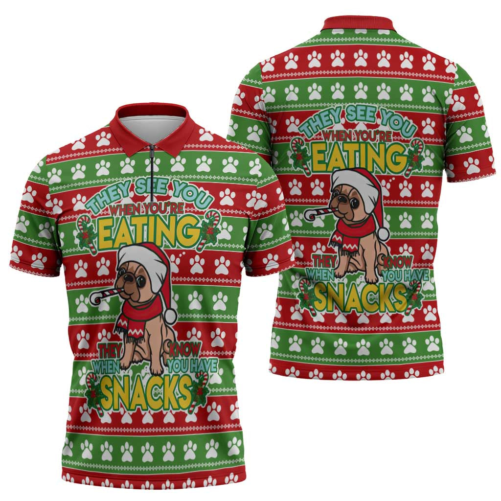 French Bulldog See You Eating Snacks Christmas Zipper Polo Shirt Xmas Holiday Patterns - Wonder Print Shop