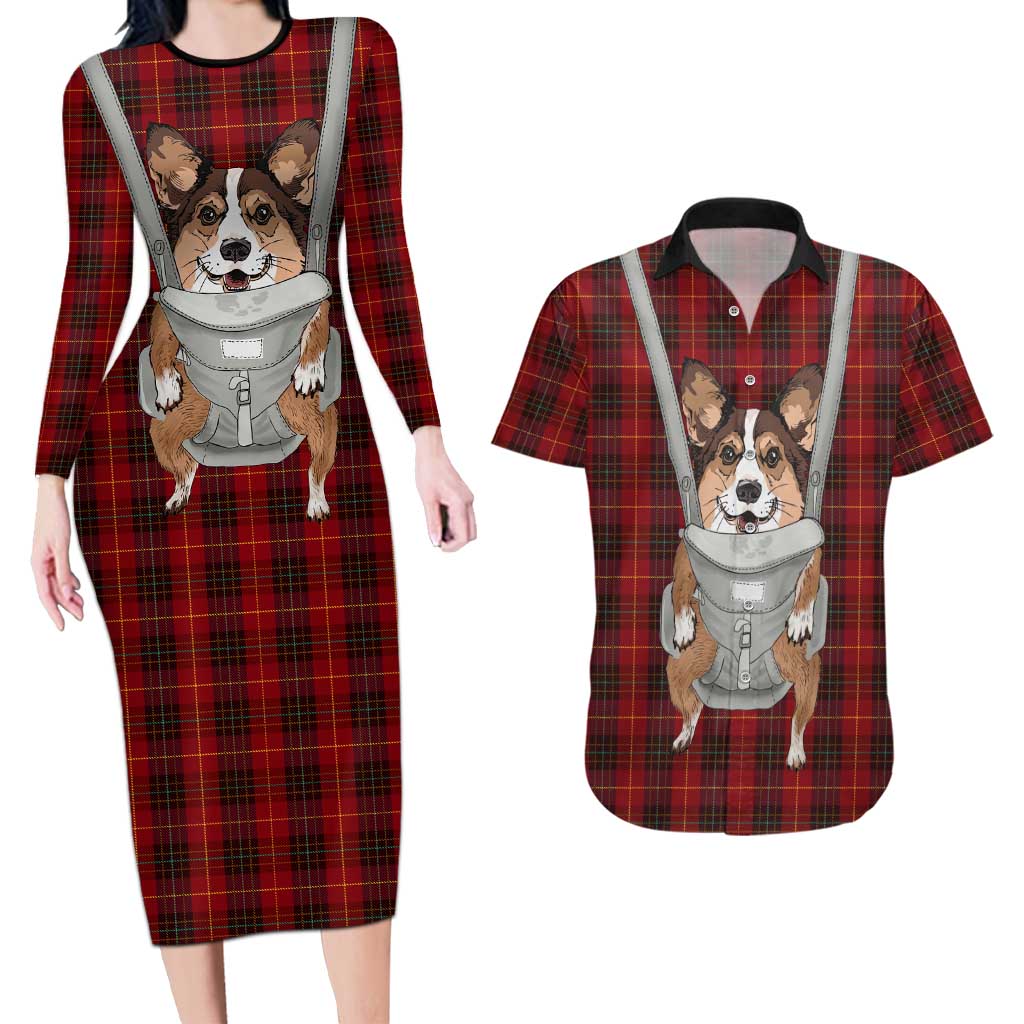 Front Carrier Dog Pembroke Welsh Corgi Christmas Couples Matching Long Sleeve Bodycon Dress and Hawaiian Shirt Xmas Holiday Patterns - Wonder Print Shop