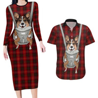 Front Carrier Dog Pembroke Welsh Corgi Christmas Couples Matching Long Sleeve Bodycon Dress and Hawaiian Shirt Xmas Holiday Patterns - Wonder Print Shop