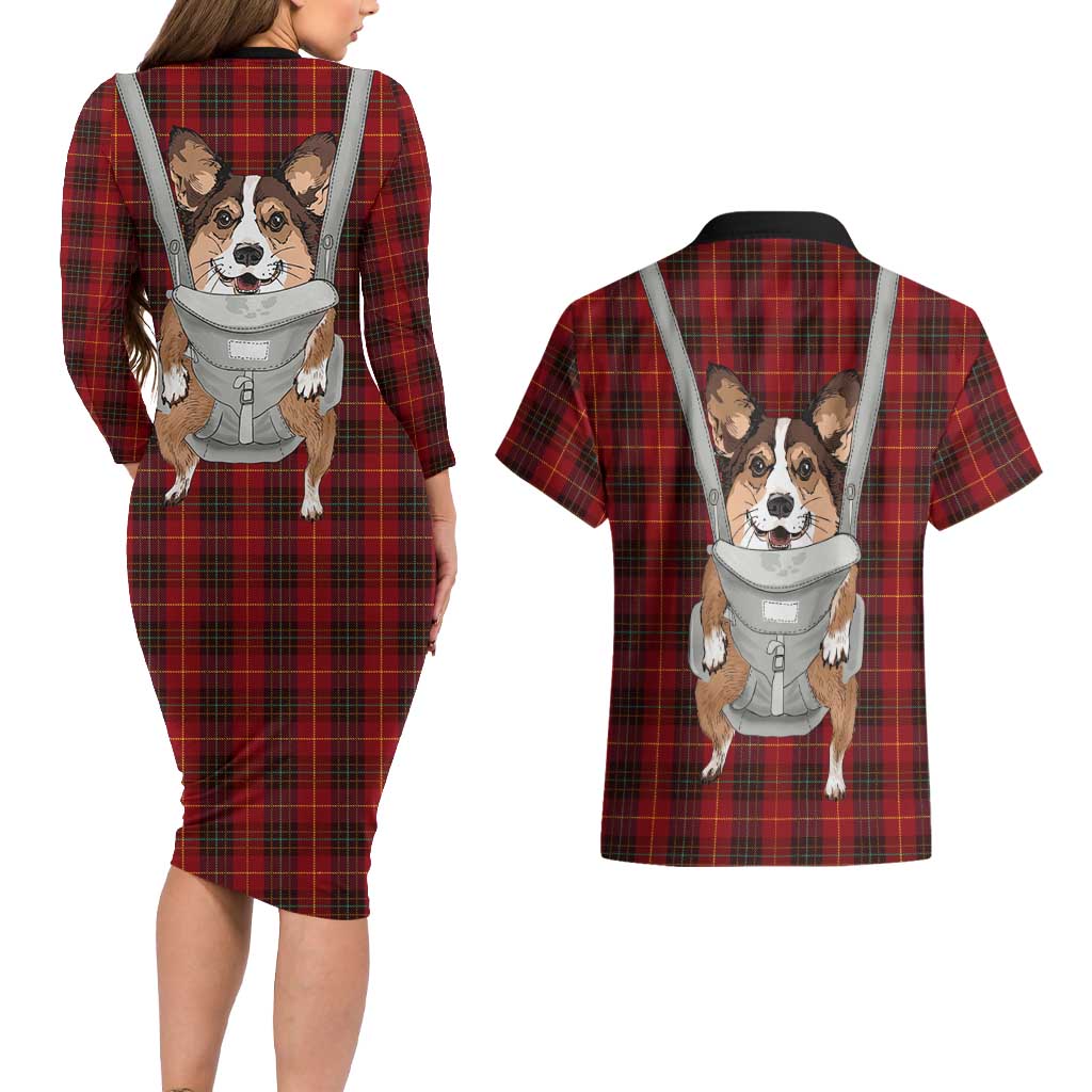 Front Carrier Dog Pembroke Welsh Corgi Christmas Couples Matching Long Sleeve Bodycon Dress and Hawaiian Shirt Xmas Holiday Patterns - Wonder Print Shop