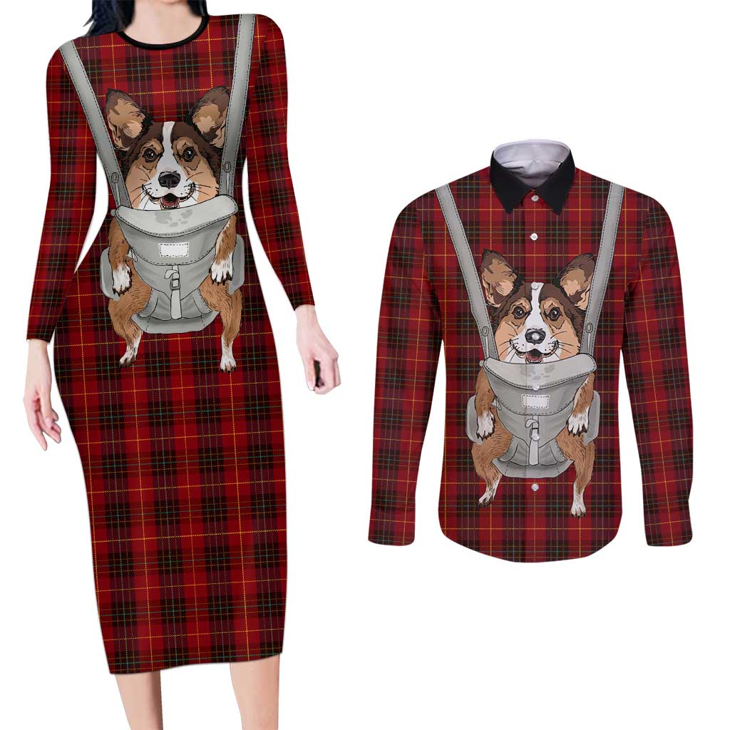 Front Carrier Dog Pembroke Welsh Corgi Christmas Couples Matching Long Sleeve Bodycon Dress and Long Sleeve Button Shirt Xmas Holiday Patterns - Wonder Print Shop