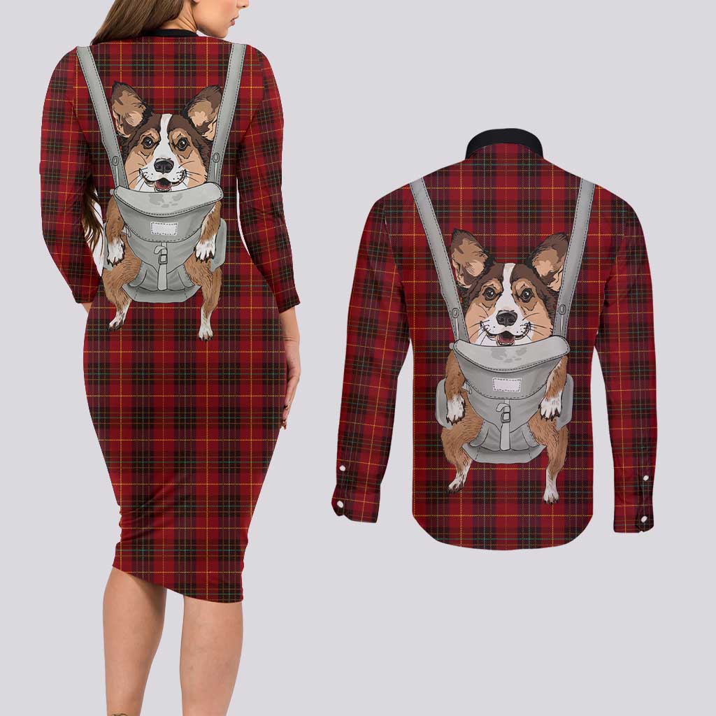 Front Carrier Dog Pembroke Welsh Corgi Christmas Couples Matching Long Sleeve Bodycon Dress and Long Sleeve Button Shirt Xmas Holiday Patterns - Wonder Print Shop