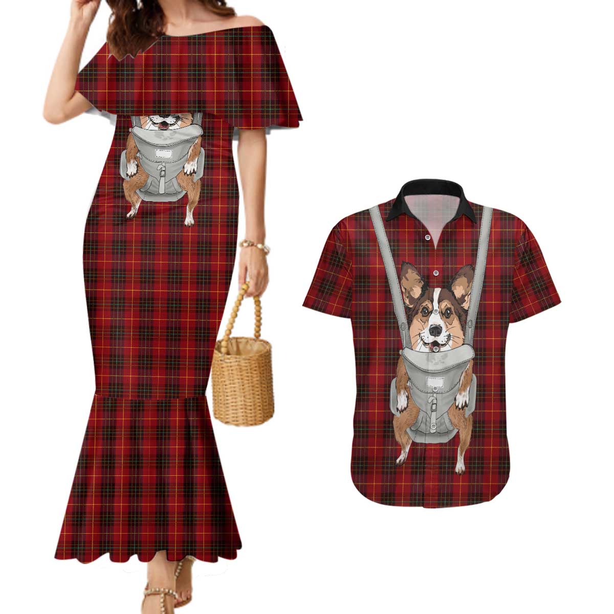 Front Carrier Dog Pembroke Welsh Corgi Christmas Couples Matching Mermaid Dress and Hawaiian Shirt Xmas Holiday Patterns - Wonder Print Shop
