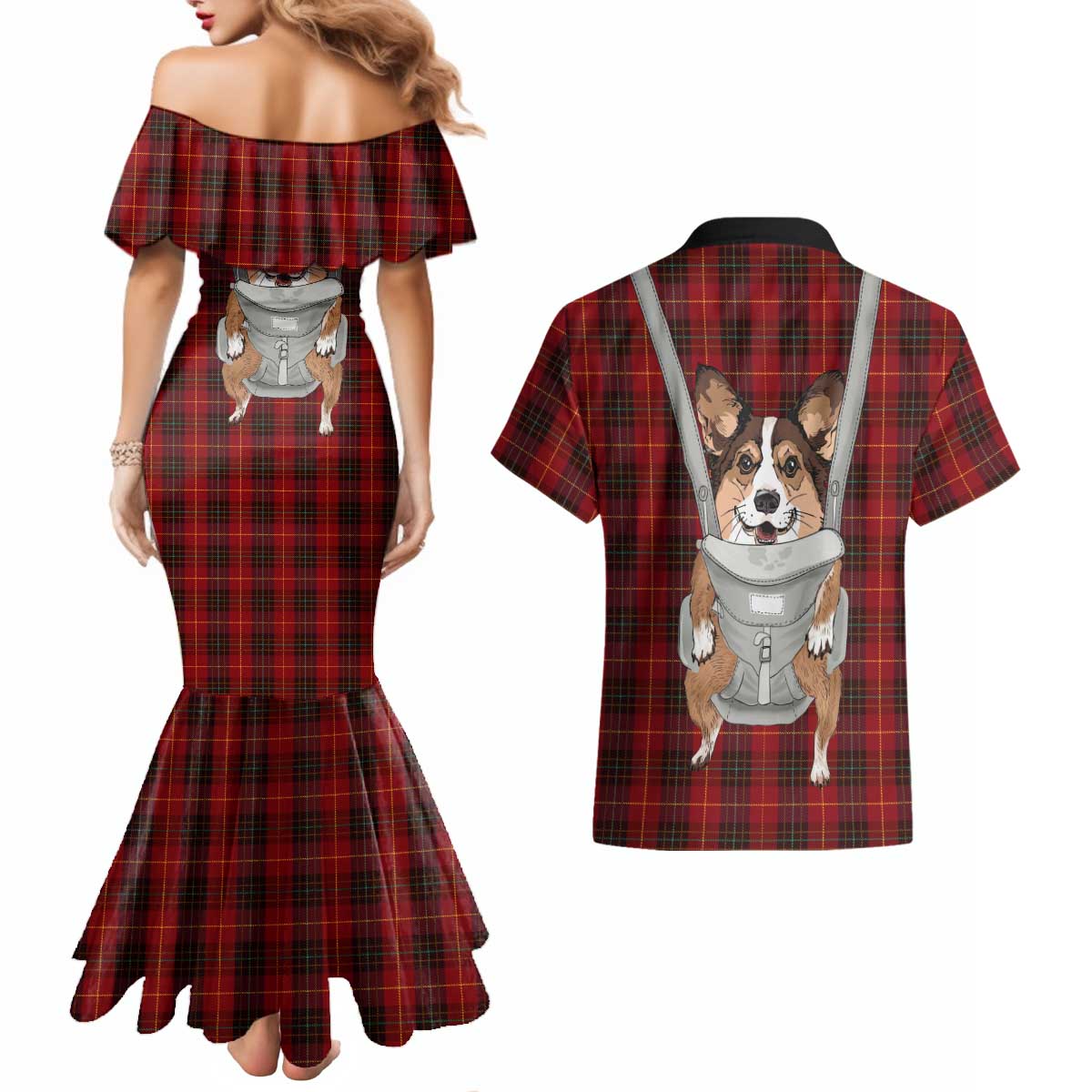 Front Carrier Dog Pembroke Welsh Corgi Christmas Couples Matching Mermaid Dress and Hawaiian Shirt Xmas Holiday Patterns - Wonder Print Shop