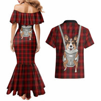 Front Carrier Dog Pembroke Welsh Corgi Christmas Couples Matching Mermaid Dress and Hawaiian Shirt Xmas Holiday Patterns - Wonder Print Shop
