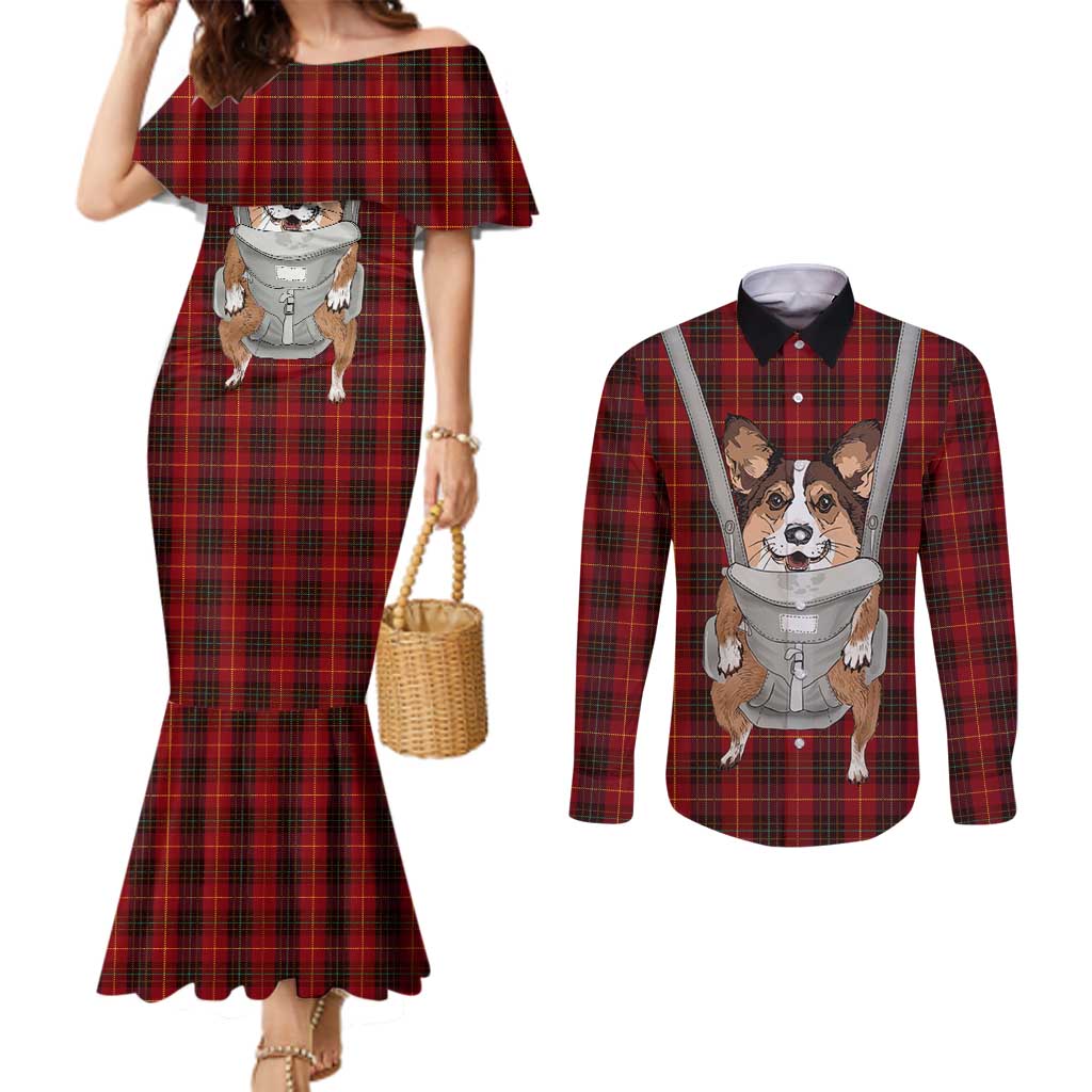 Front Carrier Dog Pembroke Welsh Corgi Christmas Couples Matching Mermaid Dress and Long Sleeve Button Shirt Xmas Holiday Patterns - Wonder Print Shop