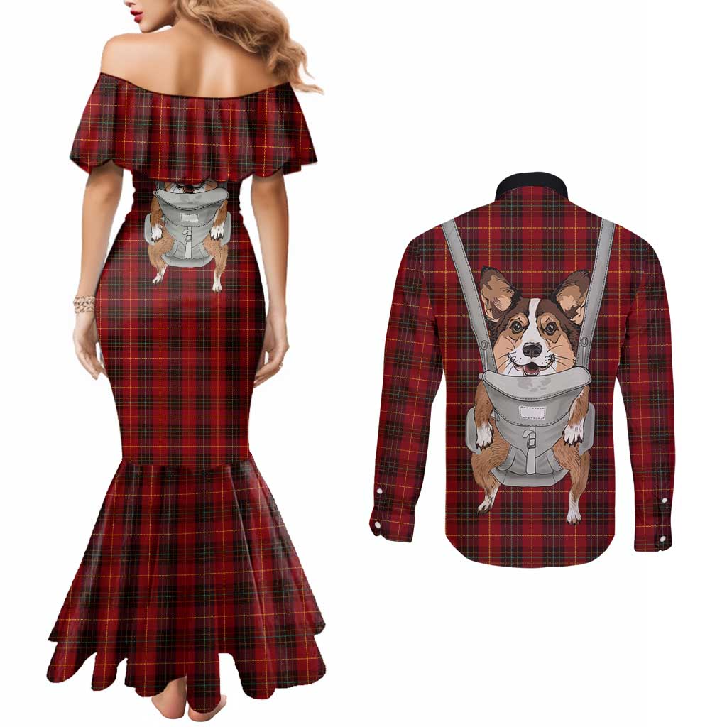 Front Carrier Dog Pembroke Welsh Corgi Christmas Couples Matching Mermaid Dress and Long Sleeve Button Shirt Xmas Holiday Patterns - Wonder Print Shop