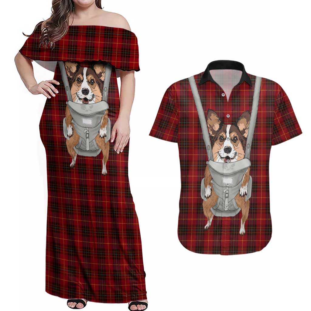 Front Carrier Dog Pembroke Welsh Corgi Christmas Couples Matching Off Shoulder Maxi Dress and Hawaiian Shirt Xmas Holiday Patterns - Wonder Print Shop