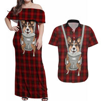 Front Carrier Dog Pembroke Welsh Corgi Christmas Couples Matching Off Shoulder Maxi Dress and Hawaiian Shirt Xmas Holiday Patterns - Wonder Print Shop