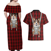Front Carrier Dog Pembroke Welsh Corgi Christmas Couples Matching Off Shoulder Maxi Dress and Hawaiian Shirt Xmas Holiday Patterns - Wonder Print Shop