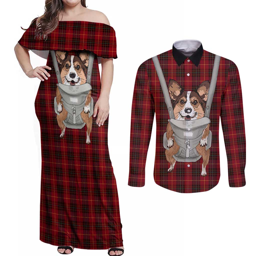 Front Carrier Dog Pembroke Welsh Corgi Christmas Couples Matching Off Shoulder Maxi Dress and Long Sleeve Button Shirt Xmas Holiday Patterns - Wonder Print Shop