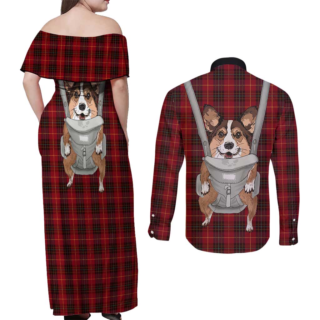 Front Carrier Dog Pembroke Welsh Corgi Christmas Couples Matching Off Shoulder Maxi Dress and Long Sleeve Button Shirt Xmas Holiday Patterns - Wonder Print Shop