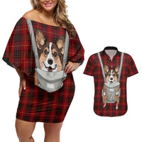 Front Carrier Dog Pembroke Welsh Corgi Christmas Couples Matching Off Shoulder Short Dress and Hawaiian Shirt Xmas Holiday Patterns - Wonder Print Shop