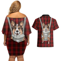 Front Carrier Dog Pembroke Welsh Corgi Christmas Couples Matching Off Shoulder Short Dress and Hawaiian Shirt Xmas Holiday Patterns - Wonder Print Shop