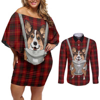 Front Carrier Dog Pembroke Welsh Corgi Christmas Couples Matching Off Shoulder Short Dress and Long Sleeve Button Shirt Xmas Holiday Patterns - Wonder Print Shop