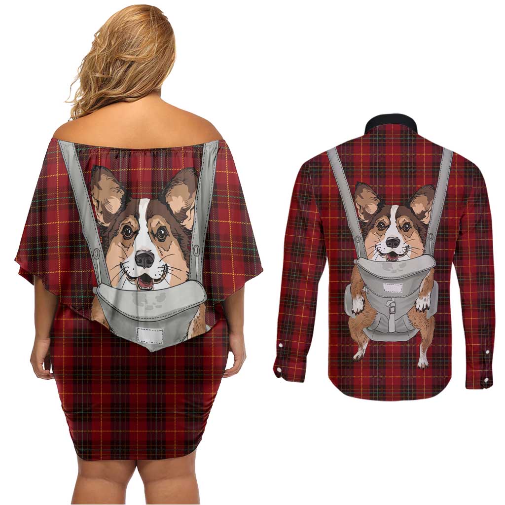 Front Carrier Dog Pembroke Welsh Corgi Christmas Couples Matching Off Shoulder Short Dress and Long Sleeve Button Shirt Xmas Holiday Patterns - Wonder Print Shop