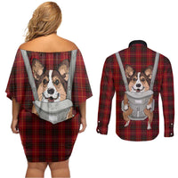 Front Carrier Dog Pembroke Welsh Corgi Christmas Couples Matching Off Shoulder Short Dress and Long Sleeve Button Shirt Xmas Holiday Patterns - Wonder Print Shop