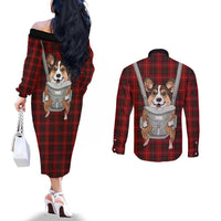 Front Carrier Dog Pembroke Welsh Corgi Christmas Couples Matching Off The Shoulder Long Sleeve Dress and Long Sleeve Button Shirt Xmas Holiday Patterns - Wonder Print Shop