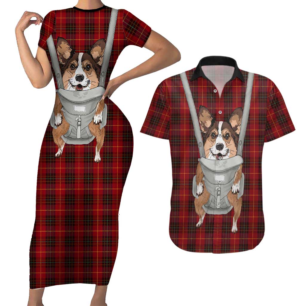 Front Carrier Dog Pembroke Welsh Corgi Christmas Couples Matching Short Sleeve Bodycon Dress and Hawaiian Shirt Xmas Holiday Patterns - Wonder Print Shop