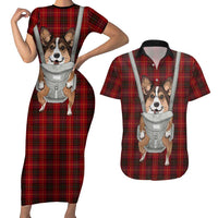 Front Carrier Dog Pembroke Welsh Corgi Christmas Couples Matching Short Sleeve Bodycon Dress and Hawaiian Shirt Xmas Holiday Patterns - Wonder Print Shop