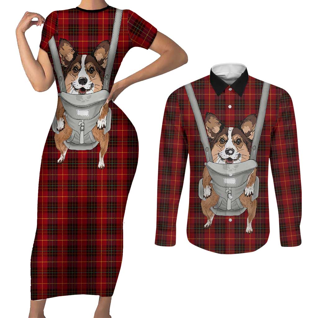 Front Carrier Dog Pembroke Welsh Corgi Christmas Couples Matching Short Sleeve Bodycon Dress and Long Sleeve Button Shirt Xmas Holiday Patterns - Wonder Print Shop