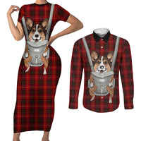 Front Carrier Dog Pembroke Welsh Corgi Christmas Couples Matching Short Sleeve Bodycon Dress and Long Sleeve Button Shirt Xmas Holiday Patterns - Wonder Print Shop