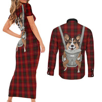 Front Carrier Dog Pembroke Welsh Corgi Christmas Couples Matching Short Sleeve Bodycon Dress and Long Sleeve Button Shirt Xmas Holiday Patterns - Wonder Print Shop
