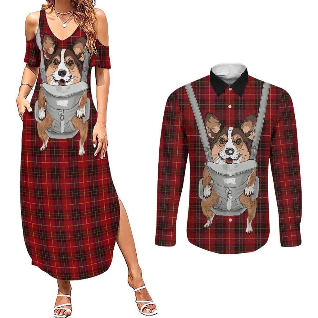 Front Carrier Dog Pembroke Welsh Corgi Christmas Couples Matching Summer Maxi Dress and Long Sleeve Button Shirt Xmas Holiday Patterns - Wonder Print Shop