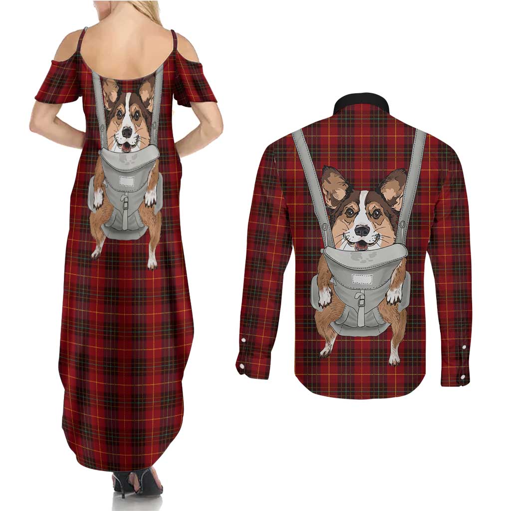 Front Carrier Dog Pembroke Welsh Corgi Christmas Couples Matching Summer Maxi Dress and Long Sleeve Button Shirt Xmas Holiday Patterns - Wonder Print Shop
