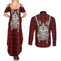 Front Carrier Dog Pembroke Welsh Corgi Christmas Couples Matching Summer Maxi Dress and Long Sleeve Button Shirt Xmas Holiday Patterns - Wonder Print Shop