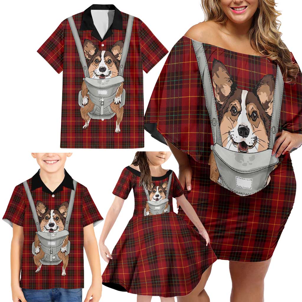 Front Carrier Dog Pembroke Welsh Corgi Christmas Family Matching Off Shoulder Short Dress and Hawaiian Shirt Xmas Holiday Patterns - Wonder Print Shop