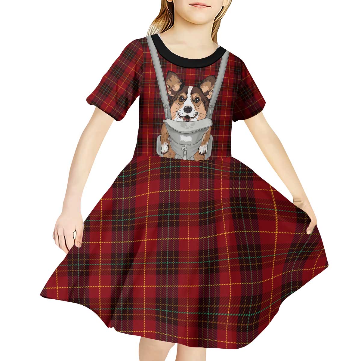 Front Carrier Dog Pembroke Welsh Corgi Christmas Kid Short Sleeve Dress Xmas Holiday Patterns - Wonder Print Shop