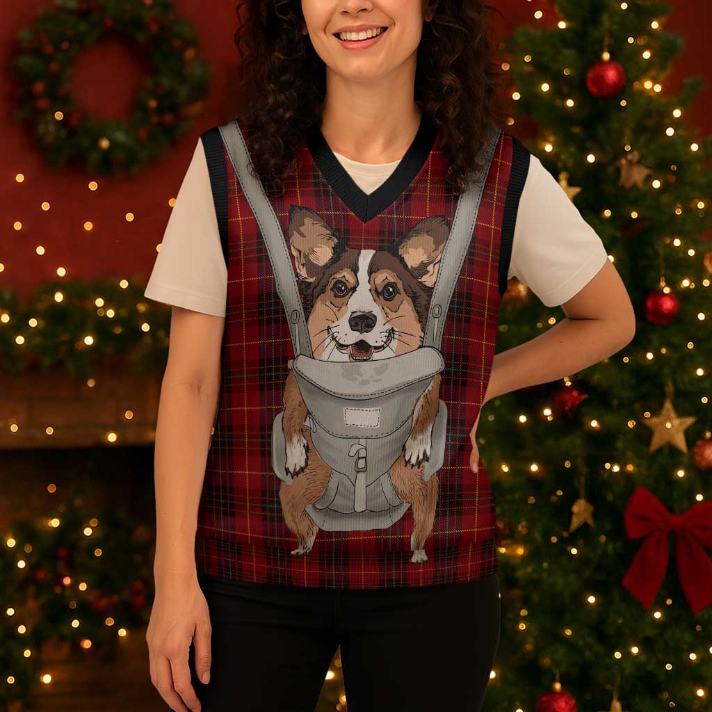 Front Carrier Dog Pembroke Welsh Corgi Christmas Knitted V-Neck Vest Xmas Holiday Patterns - Wonder Print Shop